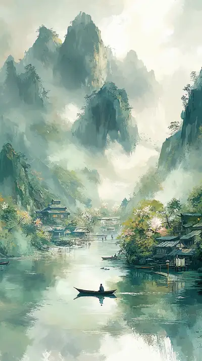 Núi Cao Phong Thủy Sương Mù - Hình Nền AI Art Á Đông