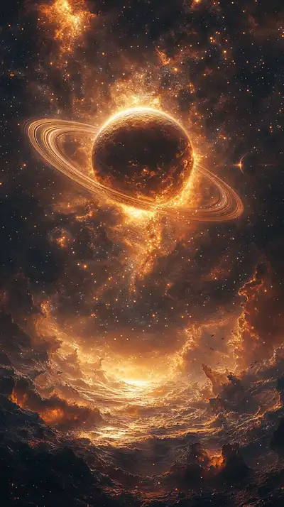 Hành Tinh Cosmic Vàng - Vành Đai Sáng Rực Hình Nền AI Art 4K