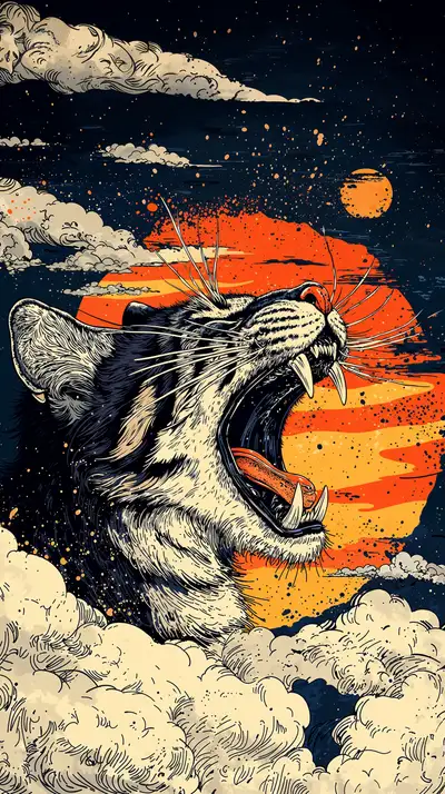 Mèo Rống Retro - Hình Nền Cosmic AI Art 4K