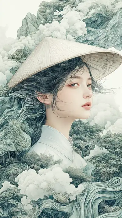 Cô Gái Nón Lá - Tranh Thủy Mặc Phong Cảnh AI Art 4K