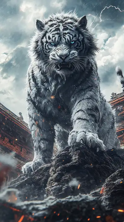 Hổ Khổng Lồ Bầu Trời Bão - Hình Nền AI Art Siêu Thực 4K