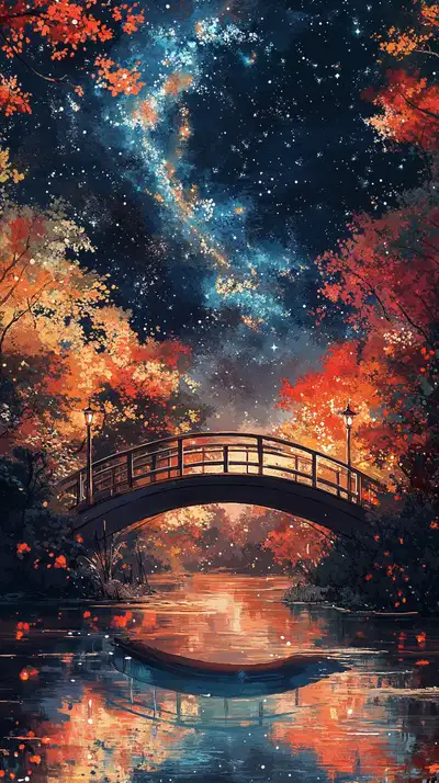 Cầu Gỗ Cosmic - Lửa Sao Neon Phản Chiếu | AI Art 4K