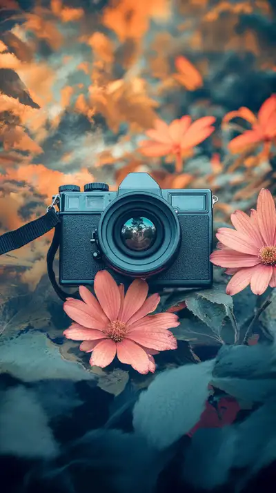 Máy Ảnh Vintage Giữa Hoa Hồng - Hình Nền AI Art Surreal 4K