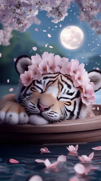 Hổ Trắng Anh Đào Lãng Mạn - Hình Nền AI Art 4K