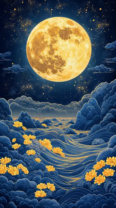 Mặt Trăng Vàng Bông Hoa - Hình Nền AI Art 4K