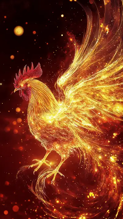 Chỉ Gà Vàng Phong Thủy - Hình Nền AI Art Lửa Cosmic 4K