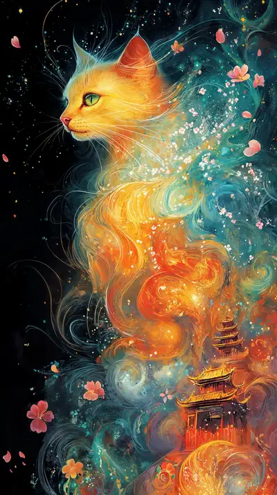 Mèo Vàng Phong Thủy - Hình Nền AI Art Cosmic 4K