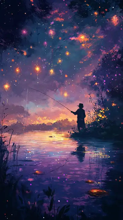 Câu Cá Hoàng Hôn - Hình Nền AI Art Cosmic Tím Hồng 4K