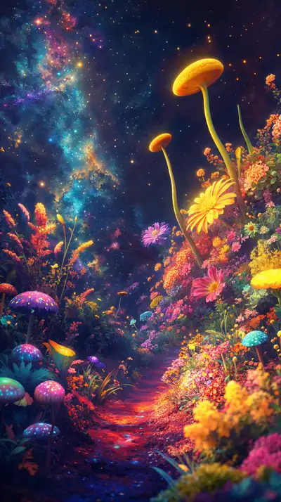Vườn Hoa Neon Vũ Trụ - Hình Nền AI Art 4K Kỳ Ảo