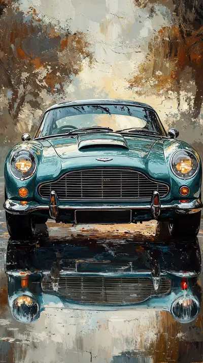 Xe Cổ Điển Xanh Lam Phản Chiếu Nước - Hình Nền AI Art 4K