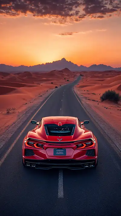 Siêu Xe Đỏ Đường Sa Mạc Hoàng Hôn - Hình Nền AI Art 4K