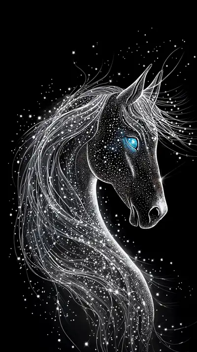 Ngựa Vũ Trụ Neon - Hình Nền AI Art 4K Đen Trắng
