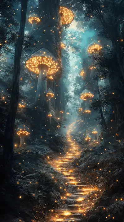 Rừng Cổ Tích Đèn Lồng Vàng - Hình Nền AI Art Cosmic 4K