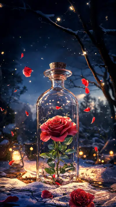 Hoa Hồng Phép Thuật Lọ Thủy Tinh - Hình Nền AI Art 4K