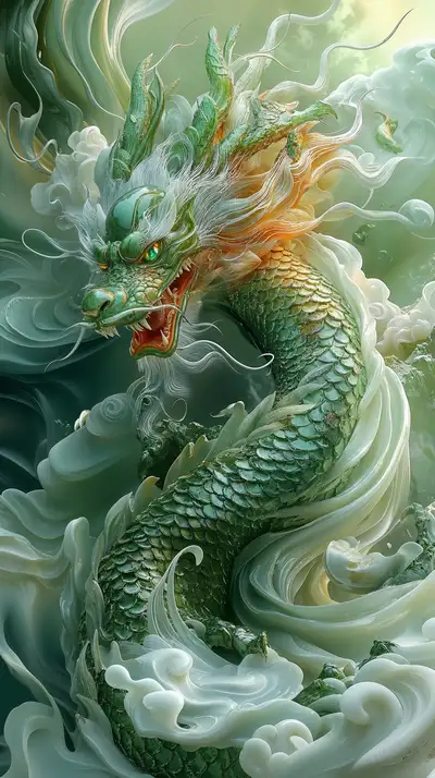 Rồng Phong Thủy Xanh - Hình Nền AI Art 4K