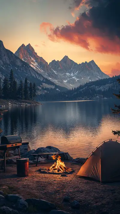 Cảnh Cắm Trại Núi Hồ Bình Minh - Hình Nền AI Art 4K