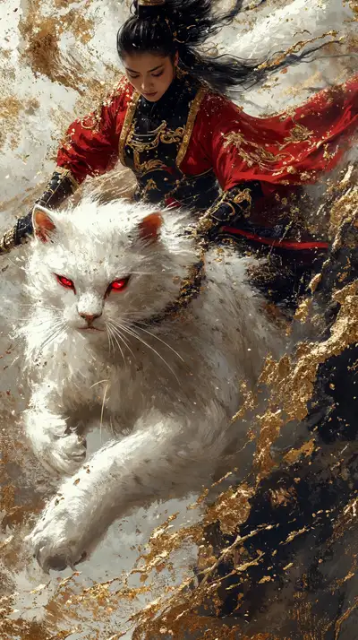 Cô Gái & Mèo Trắng Dát Vàng - Hình Nền AI Art 4K Phong Thủy