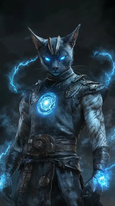 Mèo Chiến Binh Điện Xanh - Hình Nền AI Art Huyền Bí 4K