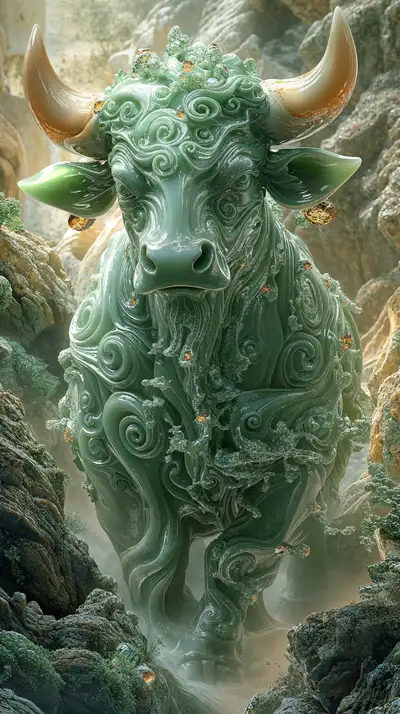 Trâu Phong Thủy Ngọc Xanh - Hình Nền AI Art 4K