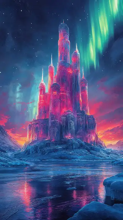 Lâu Đài Neon Cực Quang - Hình Nền AI Art Cyberpunk 4K