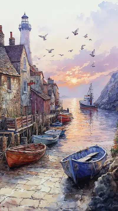 Cảng Biển Hoàng Hôn - Tranh Dầu AI Art 4K Hình Nền