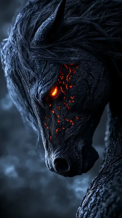 Ngựa Đen Mắt Lửa - Hình Nền AI Art Cosmic 4K