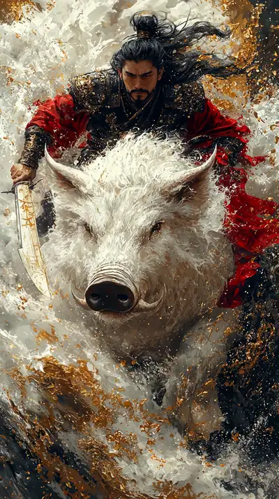 Chiến Binh Cưỡi Lợn Trắng - Hình Nền Thần Thoại AI Art 4K