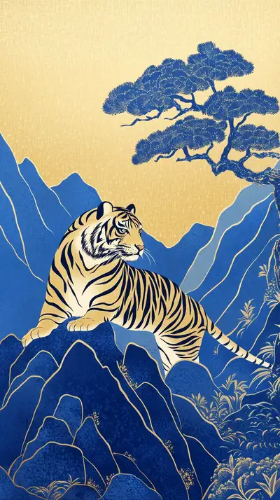 Hổ Phong Thủy Trên Núi Xanh - Hình Nền AI Art Minimalist 4K