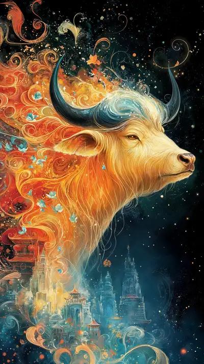 Trâu Vàng Phong Thủy - Hình Nền Cosmic AI Art 4K