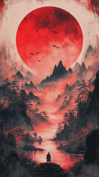 Samurai Mặt Trời Đỏ - Hình Nền AI Art 4K