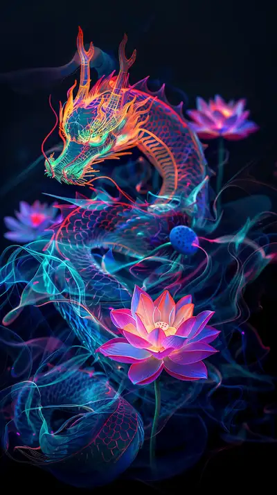 Rồng Neon Phong Thủy Hoa Sen - Hình Nền AI Art 4K