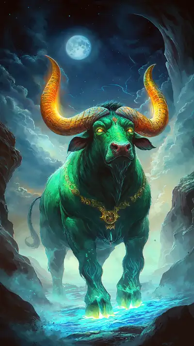 Trâu Xanh Neon Phong Thủy - AI Art Hình Nền Cosmic 4K