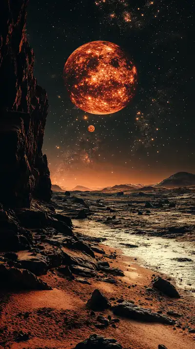 Hành Tinh Lửa Trên Sa Mạc Cosmic - Hình Nền AI Art 4K