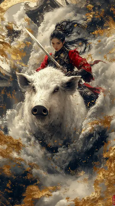 Cô Gái Chiến Binh Cưỡi Heo Trắng - Hình Nền AI Art Fantasy 4K