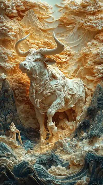 Bò Vàng Phong Thủy - Hình Nền AI Art 3D Relief 4K