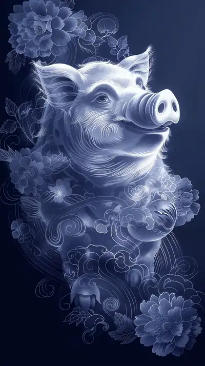 Lợn Vàng Phong Thủy - Line Art Cosmic Glow 4K