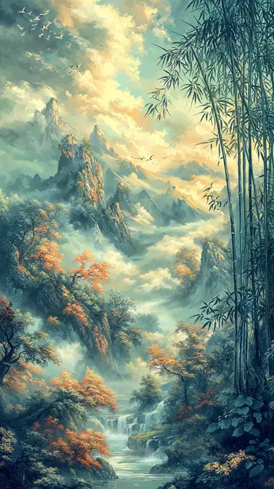 Phong Cảnh Núi Gỷ Trúc Thác Nước - Hình Nền AI Art 4K