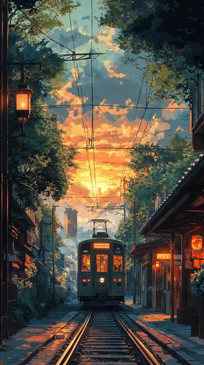Tàu Điện Hoàng Hôn Retro - Hình Nền AI Art 4K
