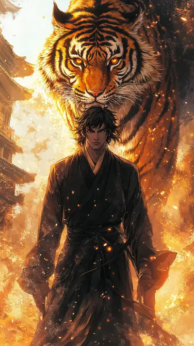 Hổ Vàng Samurai - Hình Nền AI Art 4K Hiệu Ứng Lửa