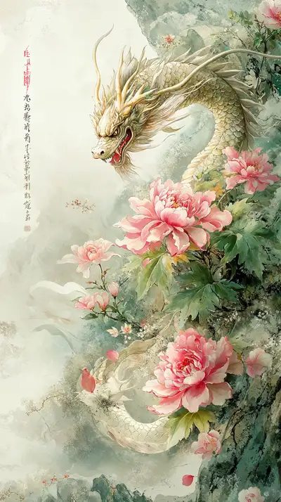 Rồng Vàng Mẫu Đơn - Hình Nền Phong Thủy AI Art 4K