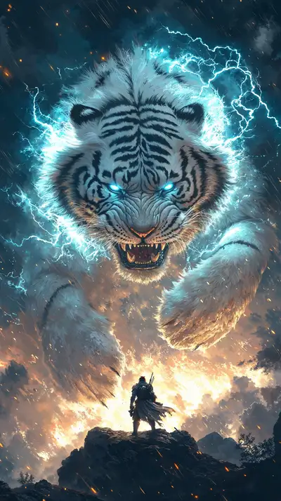 Hổ Trắng Sét Vàng - Hình Nền AI Art Thần Thoại 4K