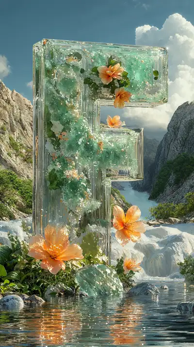 Chữ E Pha Lê - Hoa Sen Vàng Phong Cảnh Núi Hồ AI Art 4K