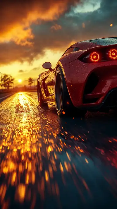 Siêu Xe Đỏ Cyberpunk - Đường Hoàng Hôn Motion Blur AI Art 4K