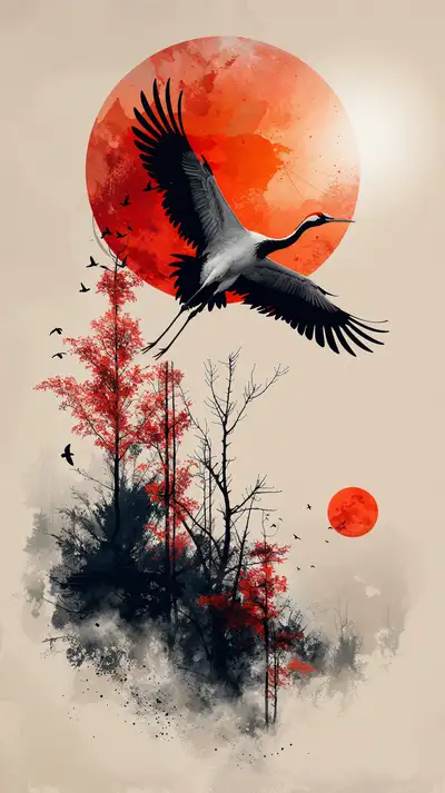 Hạc Bay Mặt Trời Đỏ - Hình Nền AI Art Watercolor 4K