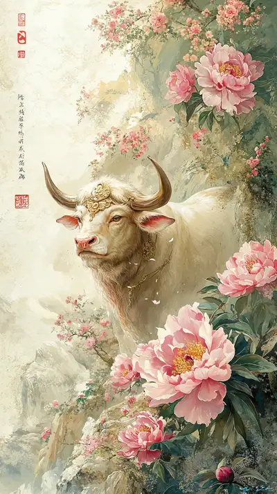 Con Trâu Vàng Mẫu Đơn - Phong Thủy AI Art 4K