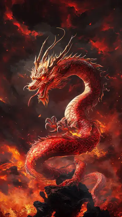 Rồng Vàng Đỏ - Hình Nền AI Art Phong Thủy 4K