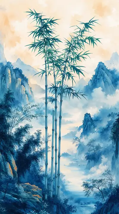 Tranh Trúc Núi Sương Mù - Hình Nền Phong Thủy AI Art 4K
