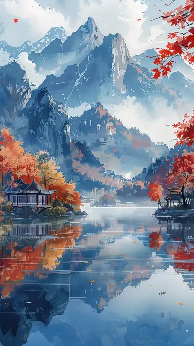 Lâu Đài Núi Cao Mùa Thu - Tranh Thủy Mặc AI Art 4K