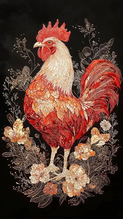 Gà Công Phong Thủy - Hình Nền AI Art Đỏ Vàng