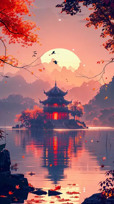 Tháp Chùa Hoàng Hôn - Hình Nền AI Art Phong Thủy 4K